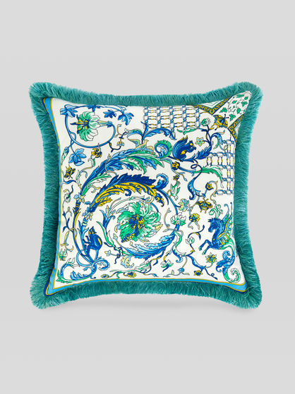 COTTON CUSHION WITH LEAFY PATTERN AND FRINGE
