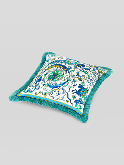 COTTON CUSHION WITH LEAFY PATTERN AND FRINGE