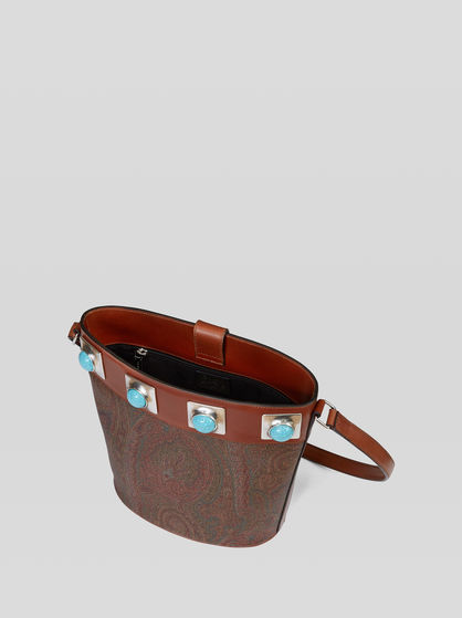 CROWN ME PAISLEY BUCKET BAG WITH TURQUOISE STUDS