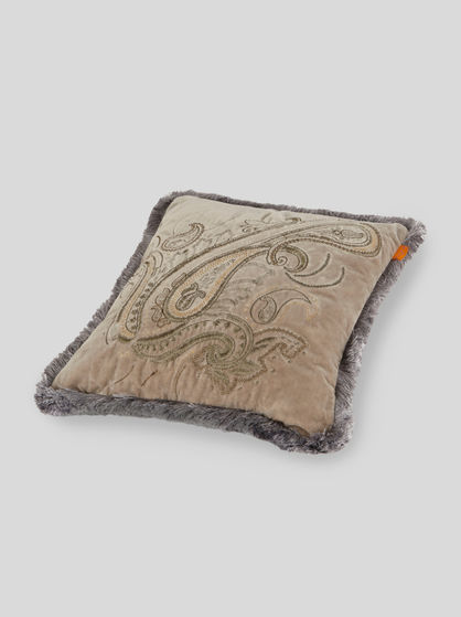 FRINGED CUSHION WITH PAISLEY EMBROIDERY