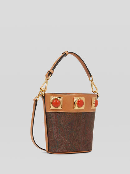 SMALL CROWN ME PAISLEY BUCKET BAG WITH CORAL STUDS