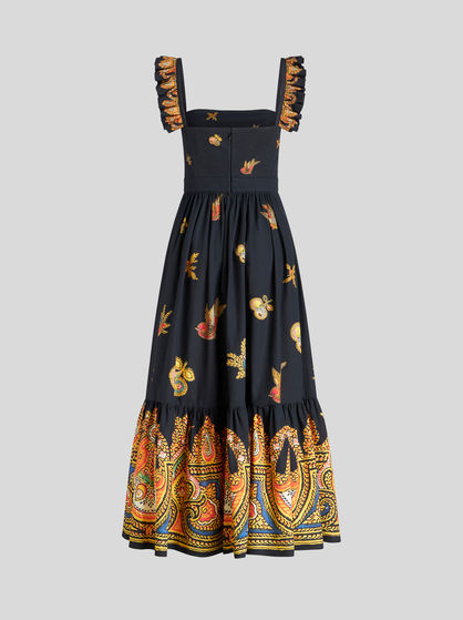 BIRD AND APPLE PRINT DRESS WITH RUCHES
