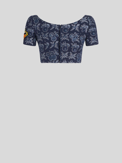 DENIM JACQUARD CROPPED TOP WITH APPLES