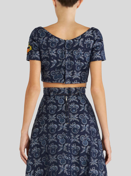 DENIM JACQUARD CROPPED TOP WITH APPLES