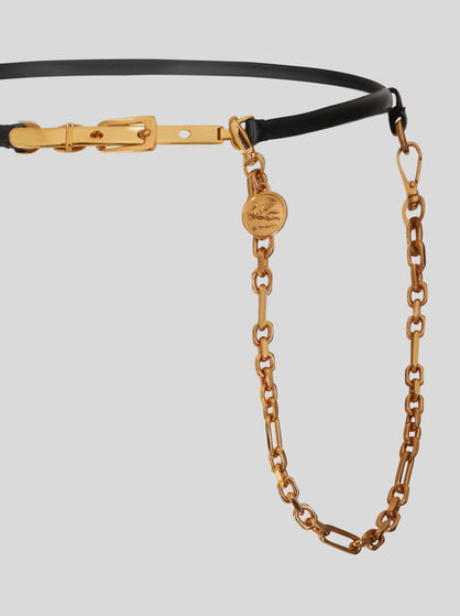 LEATHER BELT WITH CHAIN AND MEDALLION