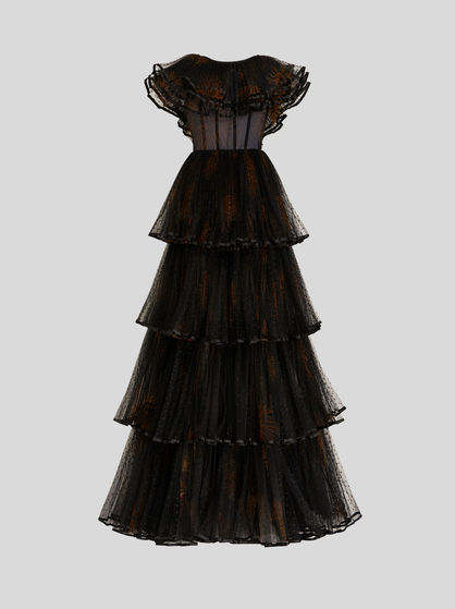 LONG DRESS WITH OVERLAPPING FLOUNCES IN TULLE