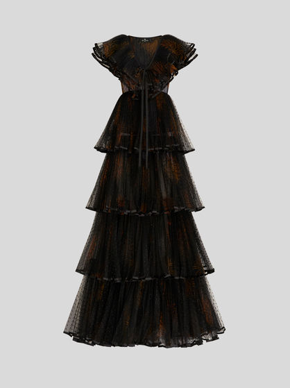 LONG DRESS WITH OVERLAPPING FLOUNCES IN TULLE