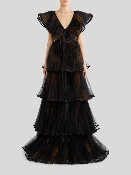 LONG DRESS WITH OVERLAPPING FLOUNCES IN TULLE