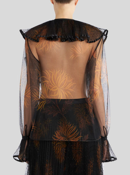 TOP WITH PLEATED FLOUNCES AND DAHLIAS