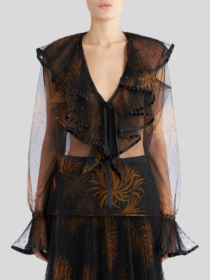 TOP WITH PLEATED FLOUNCES AND DAHLIAS