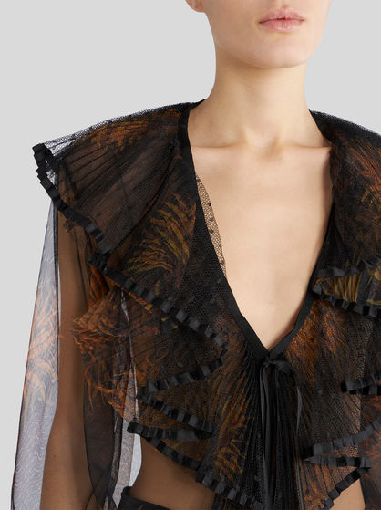 TOP WITH PLEATED FLOUNCES AND DAHLIAS