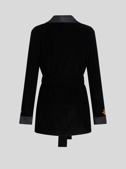 VELVET ROBE JACKET WITH FOLIAGE EMBROIDERY