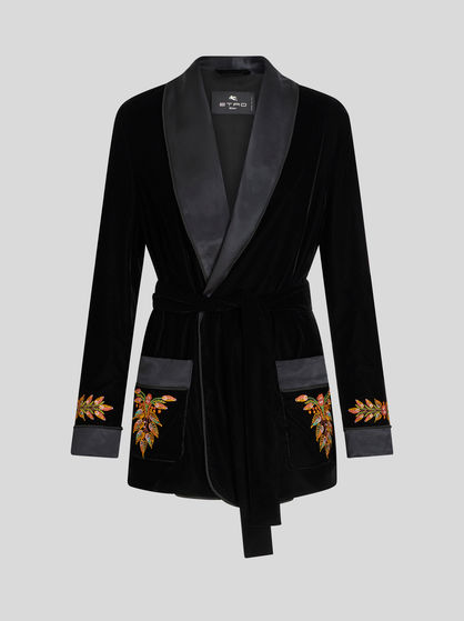 VELVET ROBE JACKET WITH FOLIAGE EMBROIDERY