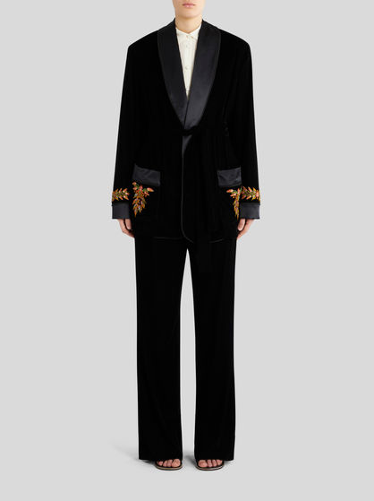 VELVET ROBE JACKET WITH FOLIAGE EMBROIDERY