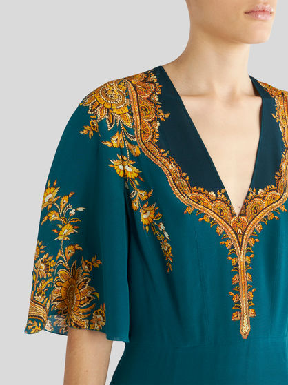 LEAFY PAISLEY CRÊPE DE CHINE LONG DRESS