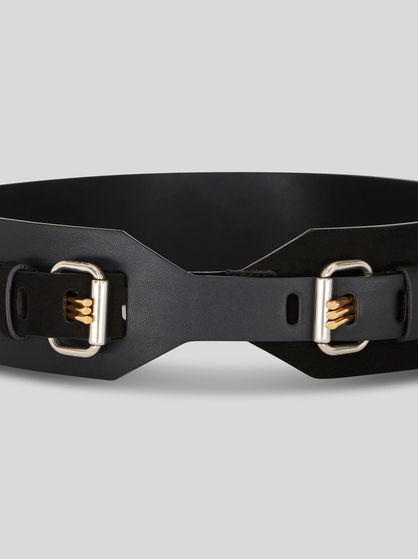 LEATHER BELT WITH THREE PRONGS AND LOGO