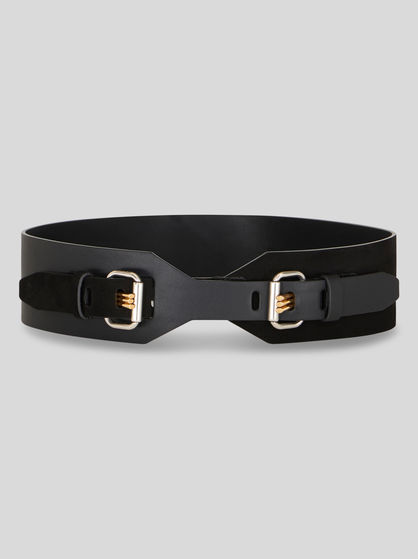LEATHER BELT WITH THREE PRONGS AND LOGO
