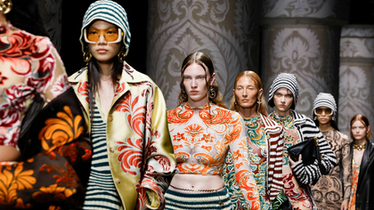 Four women wearing SS24 Etro Woman Fashion Show collection by Marco De Vincenzo