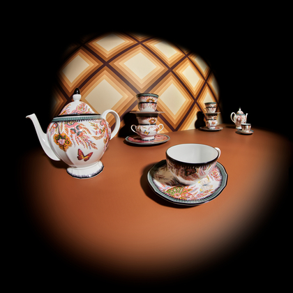 Etro and Ginori 1735 tea set collection on a brown background