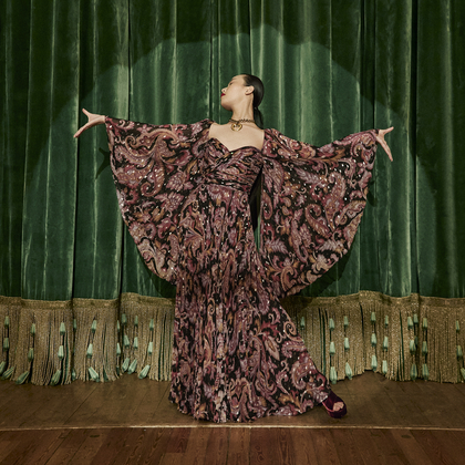 model wearing Etro FIL COUPÉ SILK DRESS