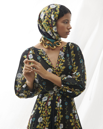 woman wearing a SILK KAFTAN DRESS WITH FLORAL PRINT and PAISLEY CHOKER - link to fashion jewellery