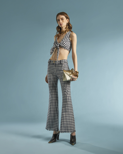 Woman wearing an GINGHAM TOP WITH BOW on SLIM-FIT GINGHAM TROUSERS  - link to woman's new arrivals 