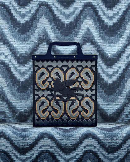 Medium Love Trotter shopping bag in cotton canvas, with leather details and embroidered Paisley and geometric motifs all over - link to men's bags