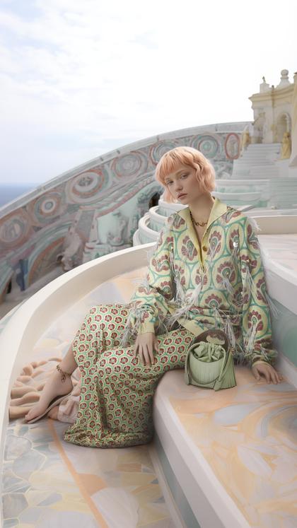 Woman wearing JACQUARD POLO SHIRT WITH FEATHERS for adv campaign - link to new arrivals women