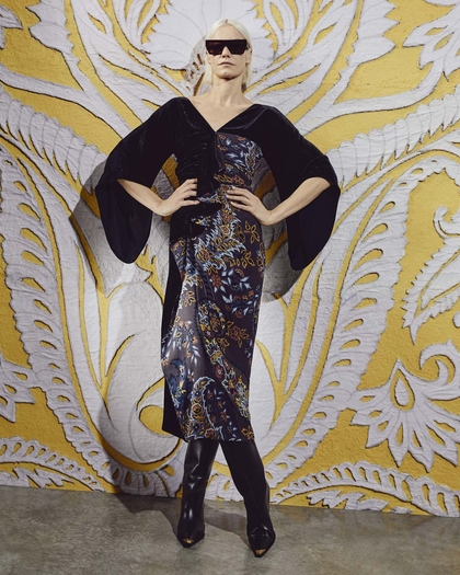 Model wearing velvet Etro dress