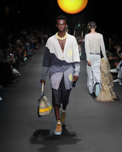 Man wearing WOOL JACQUARD CARDIGAN pf ss24 runway collection - link to men's runway collection