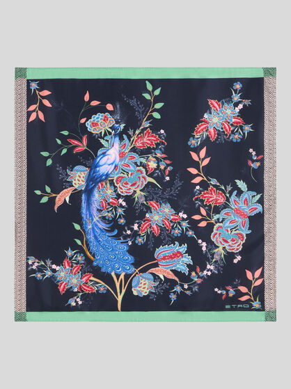SILK TWILL POCKET SQUARE WITH PEACOCK