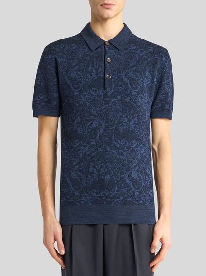 COTTON- AND WOOL-BLEND JACQUARD POLO