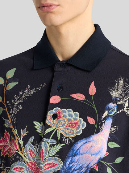 COTTON POLO SHIRT WITH FLOWERS AND PEACOCK
