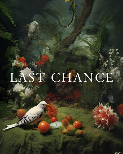  The image shows a lush, dreamlike scene set in a forest with dense greenery and vibrant flowers. In the foreground, a white bird with black markings stands on a moss-covered surface, surrounded by a few bright orange fruits. The background features more flowers in colors like red, white, and orange, interspersed with ferns and branches. The atmosphere is serene and slightly surreal, as soft light filters through the foliage. Across the center of the image, the text "LAST CHANCE" is displayed, giving the scene a sense of urgency or finality.