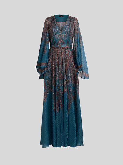 FLORAL PAISLEY LONG SILK DRESS