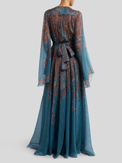 FLORAL PAISLEY LONG SILK DRESS