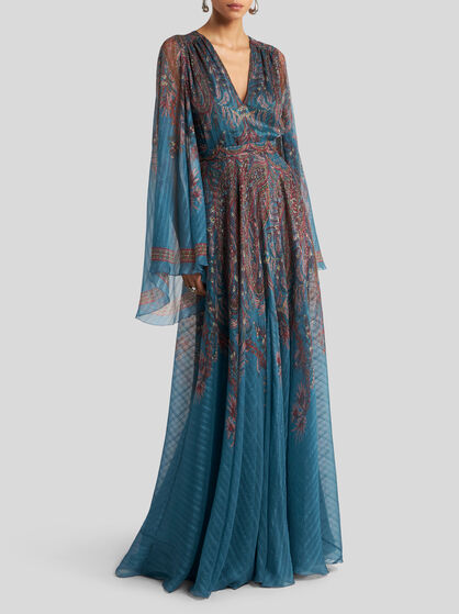 FLORAL PAISLEY LONG SILK DRESS