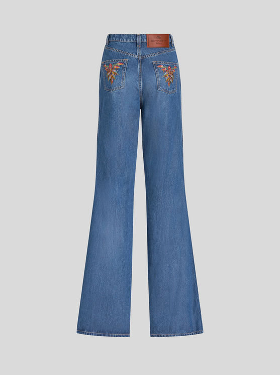 Shop Etro Flared Jeans With Embroidery In Navy Blue