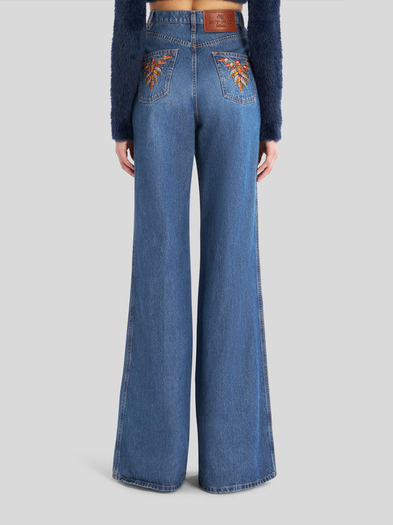 Shop Etro Flared Jeans With Embroidery In Navy Blue