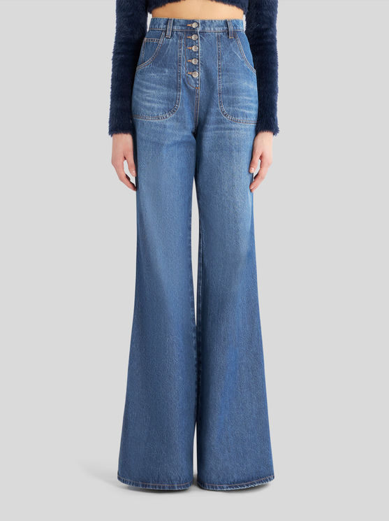 Shop Etro Flared Jeans With Embroidery In Navy Blue