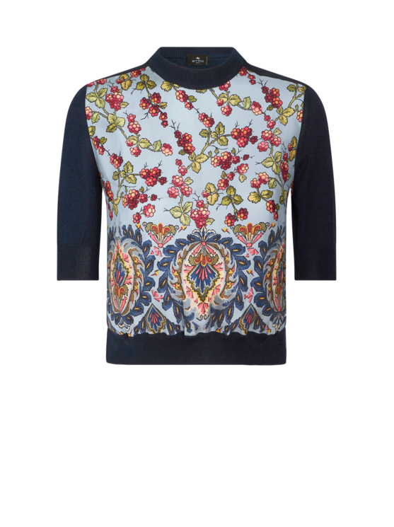 Etro Berry-print Silk Panel Knit Crop Top In Navy Blue