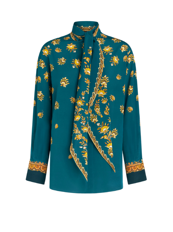 Etro Tie-neck Paisley-print Silk Crepe De Chine Blouse In Green