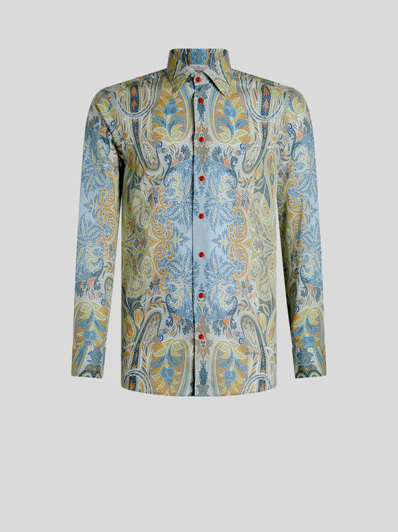 Shop Etro Cotton Shirt With Paisely Print In Light Blue