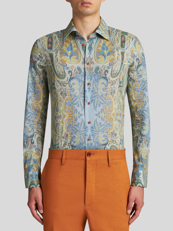 Shop Etro Cotton Shirt With Paisely Print In Light Blue