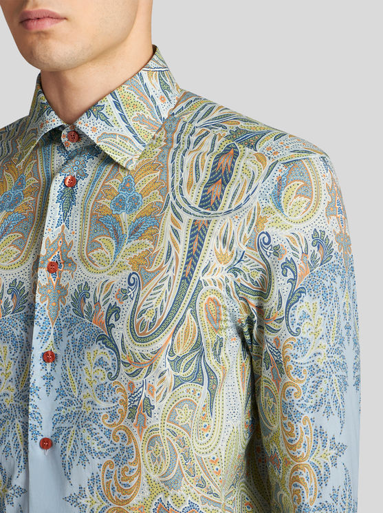 Shop Etro Cotton Shirt With Paisely Print In Light Blue