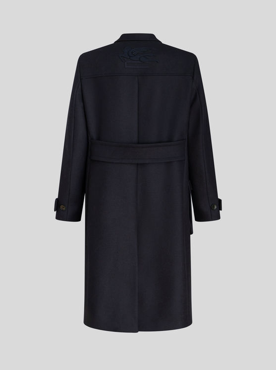 Shop Etro Wool And Cashmere Coat With Logo On Rear In Navy Blue