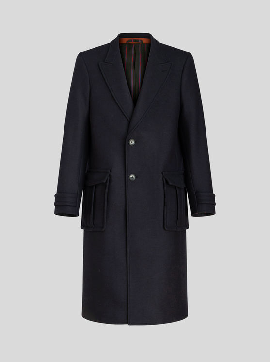 Shop Etro Wool And Cashmere Coat With Logo On Rear In Navy Blue