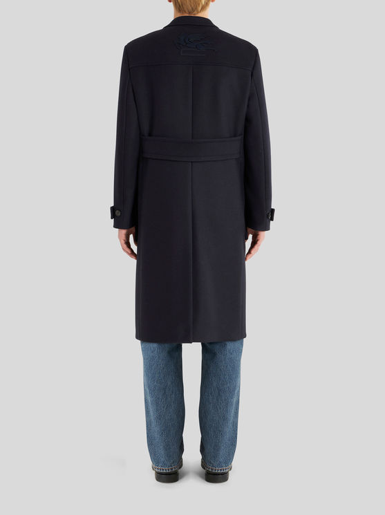 Shop Etro Wool And Cashmere Coat With Logo On Rear In Navy Blue