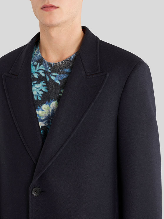 Shop Etro Wool And Cashmere Coat With Logo On Rear In Navy Blue