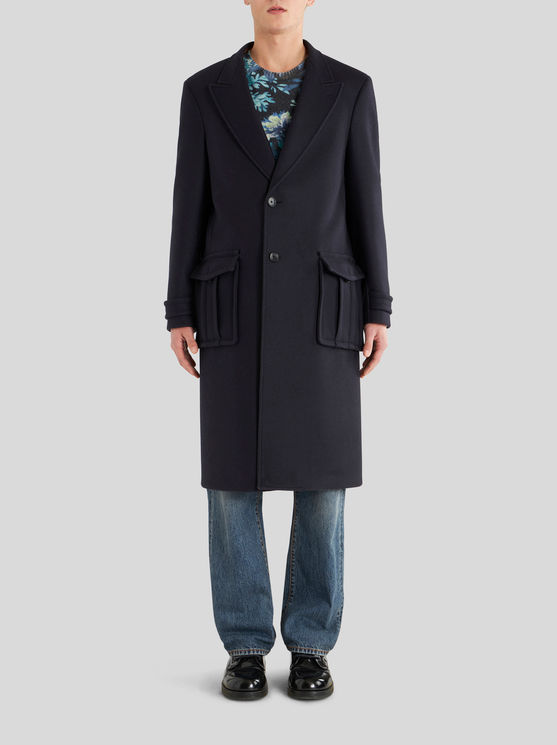 Shop Etro Wool And Cashmere Coat With Logo On Rear In Navy Blue